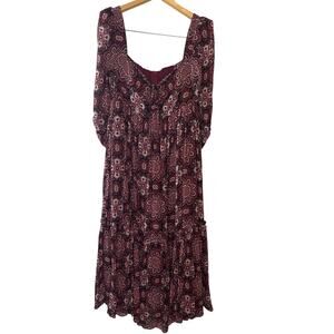Cara Cara Burgundy Floral Print Tiered Midi Dress With Ruched Sleeves Size Large